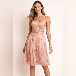 Amsale Silk Strapless Watercolor Dress Size 4 Peach Blush Cocktail Wedding Guest